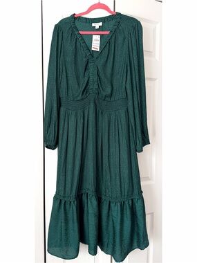 Long Sleeve Forest Green Ruffled Midi Dress Size XL NWT